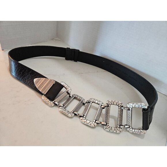 Chicos Belt Size S/M Black Leather Silver Chain Link Adjustable Slide Snap Close - Picture 2 of 9